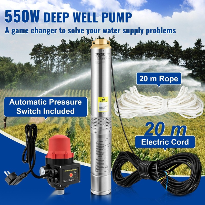 Upotettava syväkaivopumppu ruostumatonta terästä 550W 89m nostokorkeus 50 litraa minuutissa automaattinen painekytkin