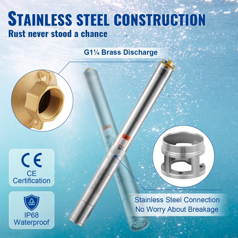 Upotettava ruostumaton teräs syväkaivopumppu 1100W 7,1 m³/h 105 m