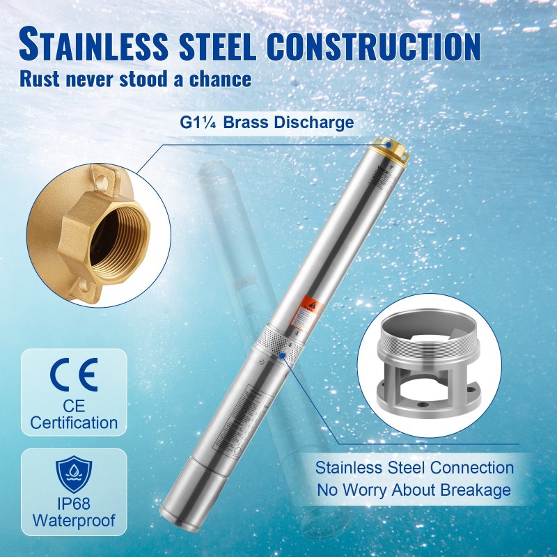 Syväkaivopumppu 750W ruostumaton teräs 75 m nostokorkeus 7,1 m³/h 9,1 m johto