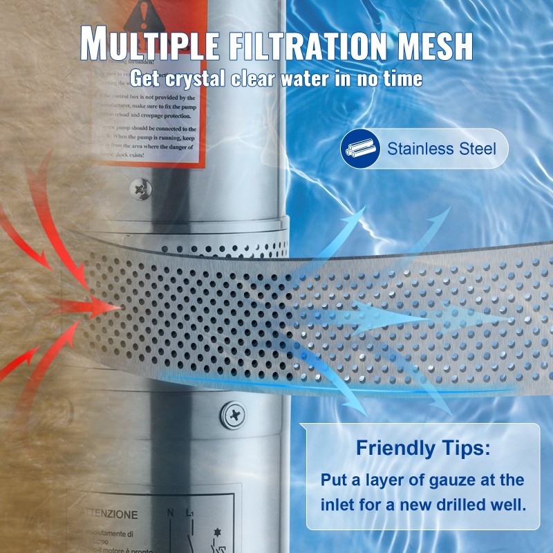 Syväkaivopumppu 750W ruostumaton teräs 75 m nostokorkeus 7,1 m³/h 9,1 m johto