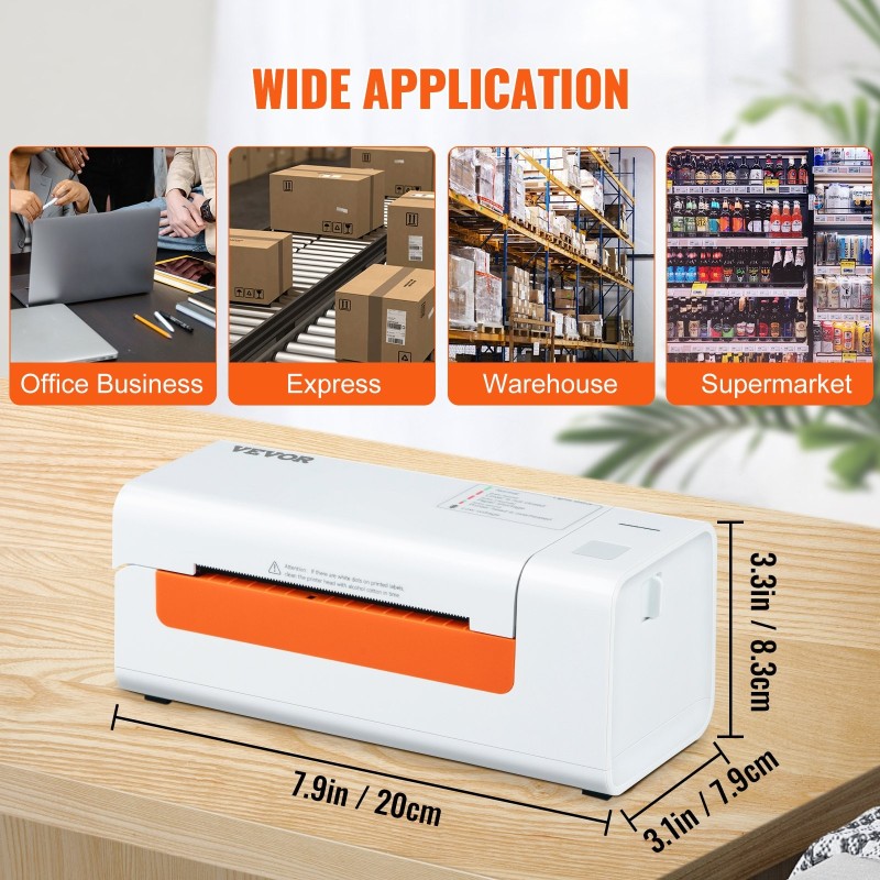 Lämpötarratulostin suora lämpötulostus 150 mm/s tulostusnopeus 40–108 mm tarraleveys USB-liitäntä automaattinen tarrantunnistus