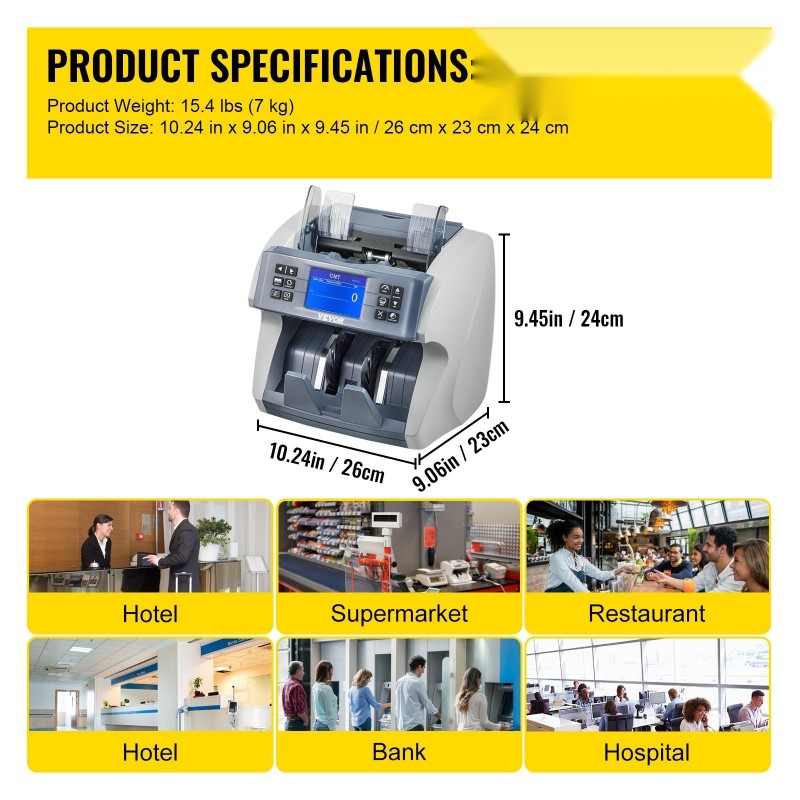 Setelilaskuri 800–1500 seteliä minuutissa väärennösten tunnistus 500 syöttölokero 200 keräyslokero