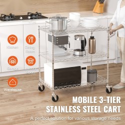 Säilytyskärry kromattu teräs kolmitasoinen kolmesadan kilogramman kantavuus kahdeksankymmenen millimetrin korit