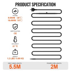 Itsesäätyvä putkien lämmityskaapeli 5,5 m 16,4 W/m sisäänrakennetulla termostaatilla muovi- ja metalliputkille
