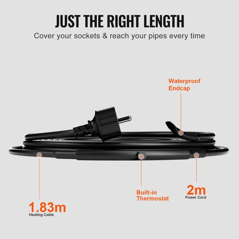 Itsesäätyvä putkilämmityskaapeli 1,83 metrin sisäänrakennetulla termostaatilla muovi ja metalliputkille