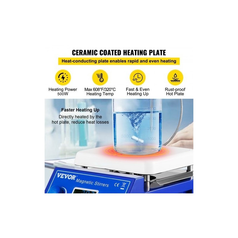 Magneettisekoittaja keraamisella kuumalevyllä 5 L kapasiteetti 200–2000 r/min enimmäislämpötila 320°C LED näyttö