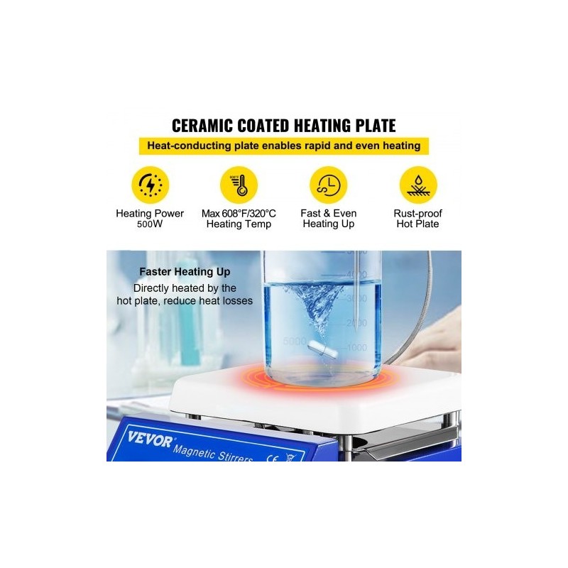 Magneettinen kuumalevysekoitin keraamipinnoitteella viiden litran kapasiteetti säädettävä 200–2000 r/min LED-näyttö 320°C