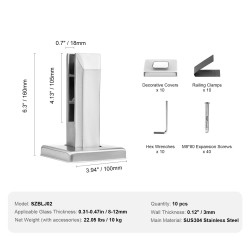 Neliömäinen lasikiinnikesarja ruostumatonta terästä 8–12 mm karkaistulle lasille 10 kpl parvekkeisiin