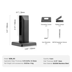 Lasikiinnike neliö SUS304 ruostumaton teräs karkaistulle lasille 8–12 mm 4 kpl