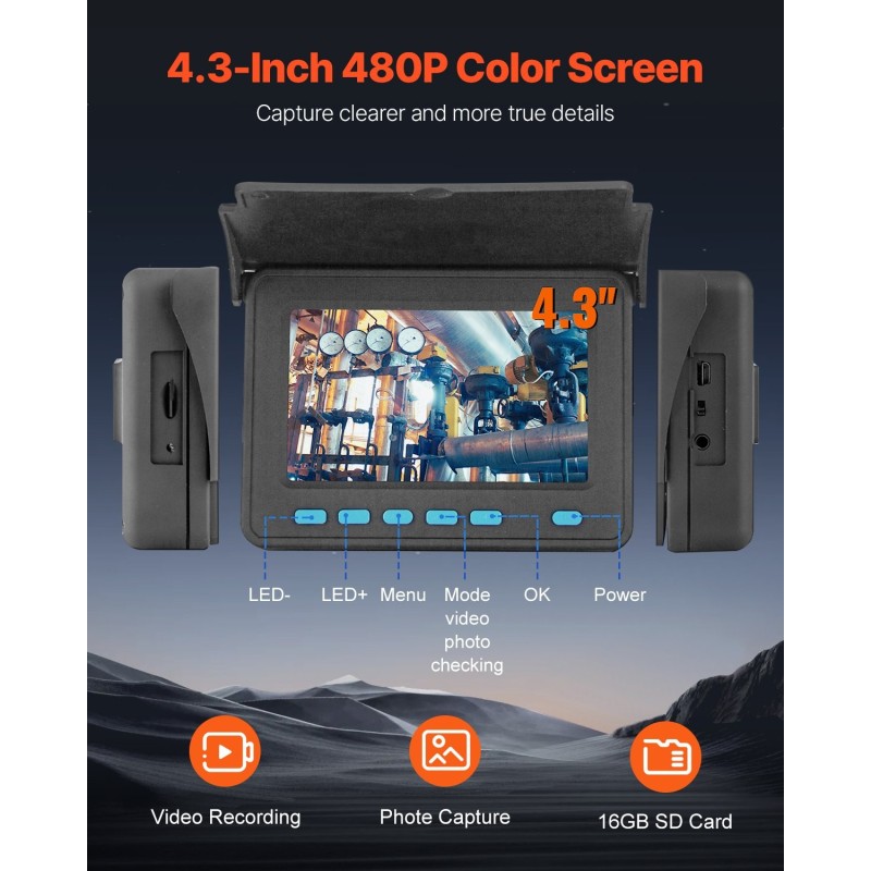 Viemärikamera 30 metrin kaapeli 4,3 tuuman värinäyttö 6 LED-valoilla vesitiivis