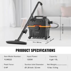 Märkä ja kuivaimuri 15 L 1200 W IP24 PP-muovinen pyörillä puhallintoiminnolla