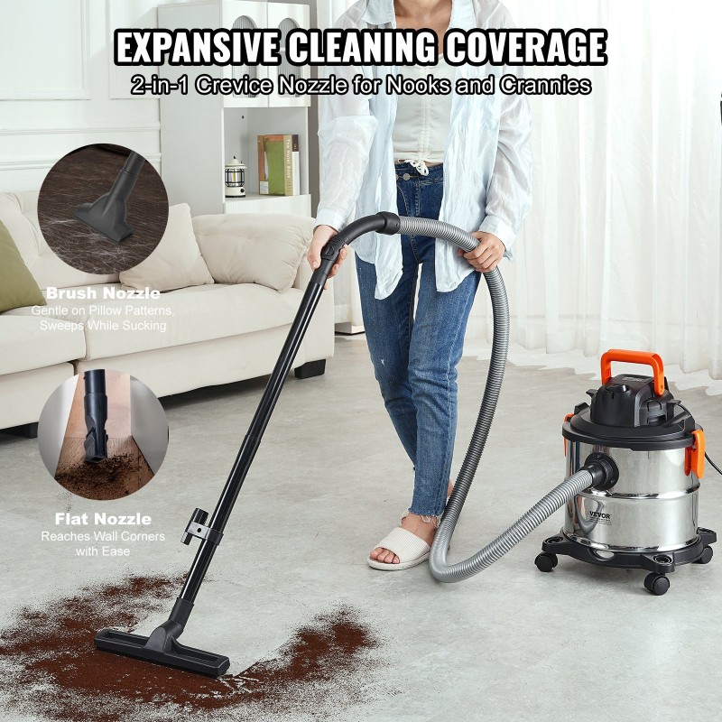 Märkä-kuivaimuri ruostumattomasta teräksestä 20 l säiliöllä pyörillä ja suulakkeilla