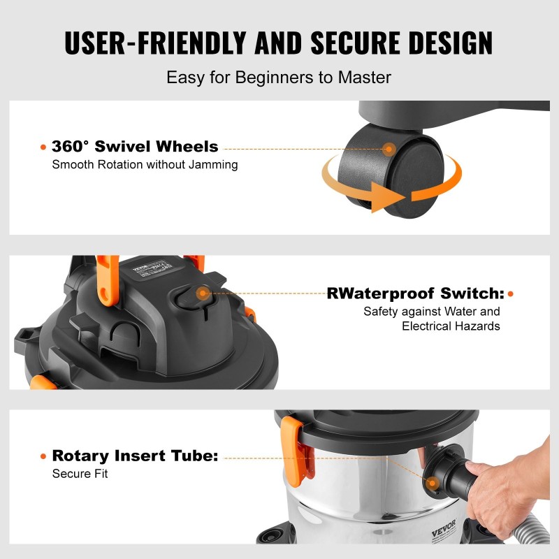 Märkä-kuivaimuri ruostumattomasta teräksestä 20 l säiliöllä pyörillä ja suulakkeilla