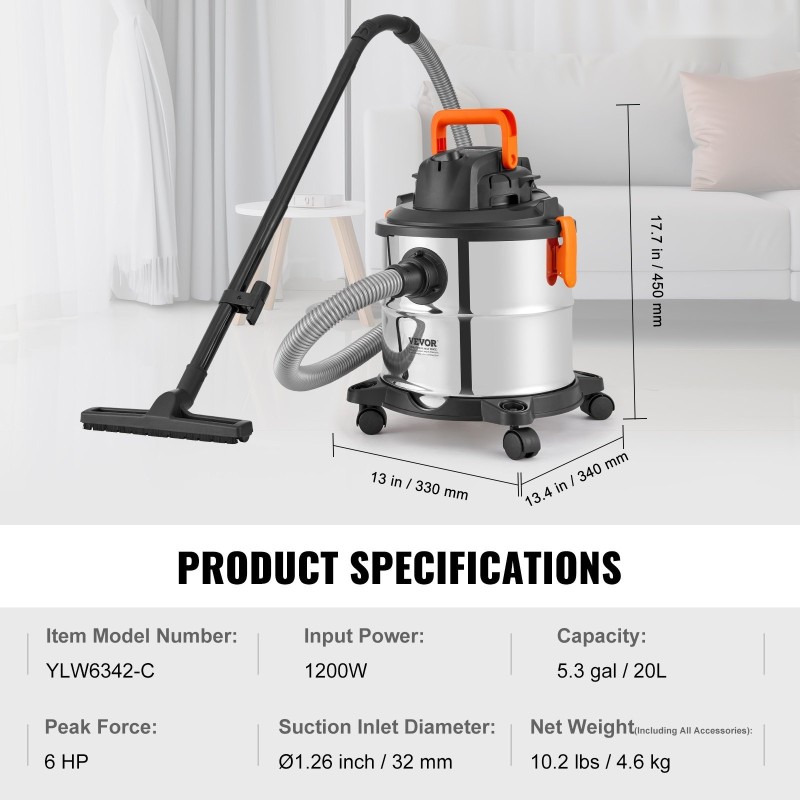 Märkä-kuivaimuri ruostumattomasta teräksestä 20 l säiliöllä pyörillä ja suulakkeilla