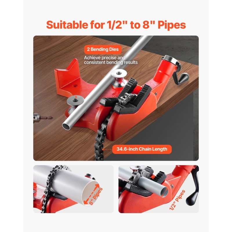 Ketjuruuvipenkki valurautapohjalla 880 mm ketjulla 1/2–8 tuuman putkille