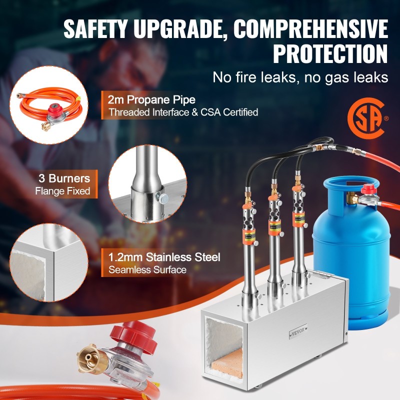 Propaanitaontauuni kolmipolttiminen suuri neliökammio 201-ruostumaton teräs 1427°C veitsien taontaan