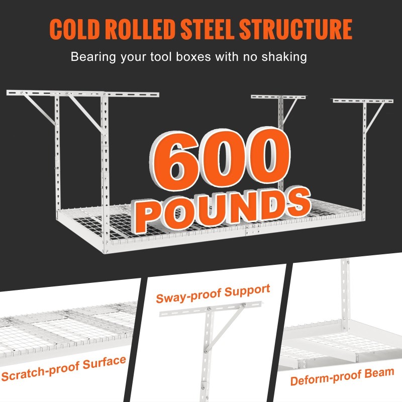 Kattokiinnitteinen autotallin säilytyshylly kylmävalssattu teräs 48x96 tuumaa säädettävä 22-40 tuumaa 272 kg