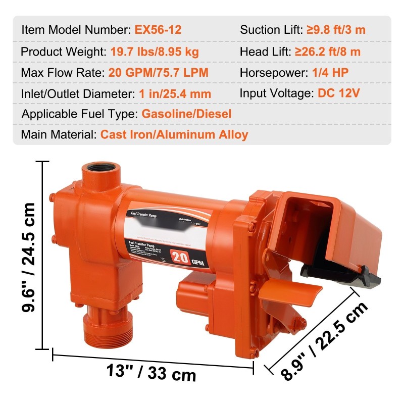 Polttoaineensiirtopumppu 12 V 75,7 l/min 0,25 hv valurauta alumiiniseos keräyslaatikolla