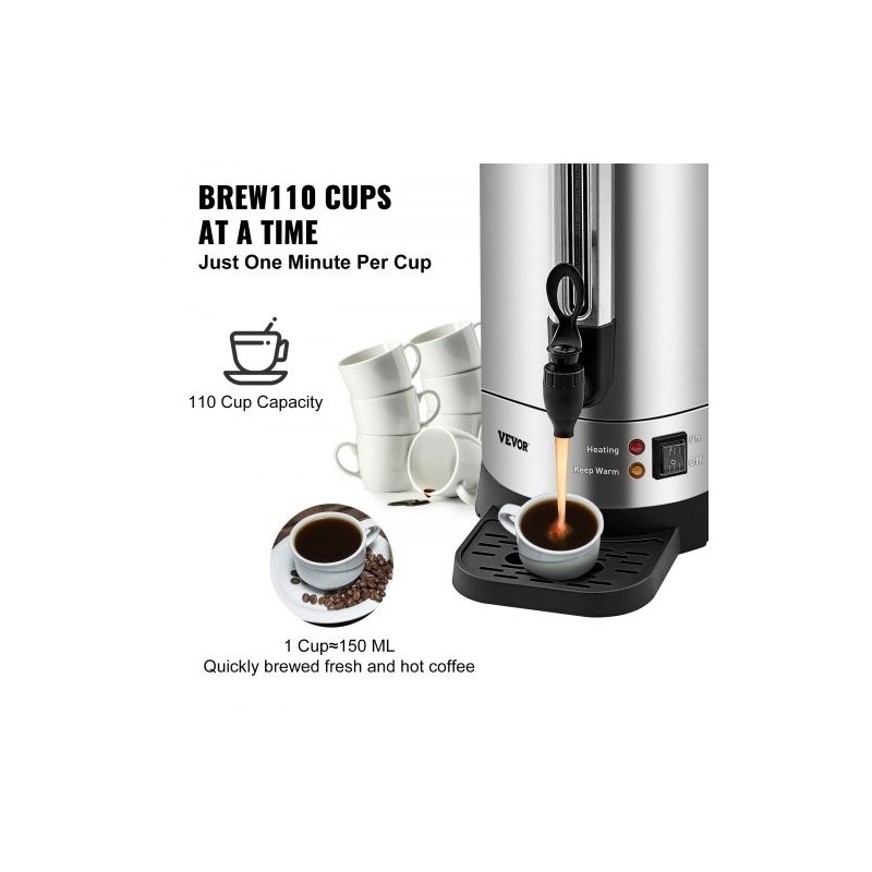 Kahvipannu ruostumattomasta teräksestä 16,4 l noin 110 kuppia 1500W kaksoisseinällä irrotettavalla virtajohdolla