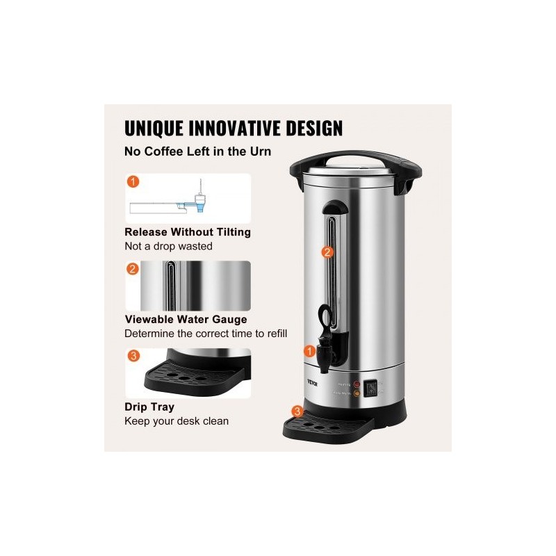 Kahvipannu ruostumattomasta teräksestä 16,4 l noin 110 kuppia 1500W kaksoisseinällä irrotettavalla virtajohdolla