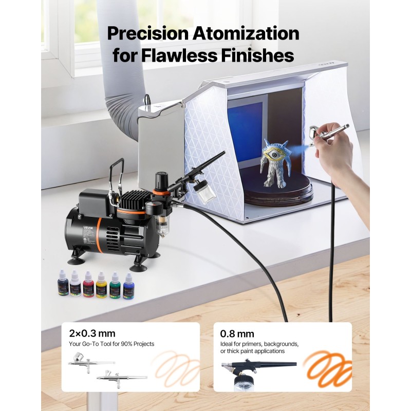 Airbrushsetti kompressorilla 3 kaksitoimista airbrushia 0,3 0,3 0,8 mm akryylivärit