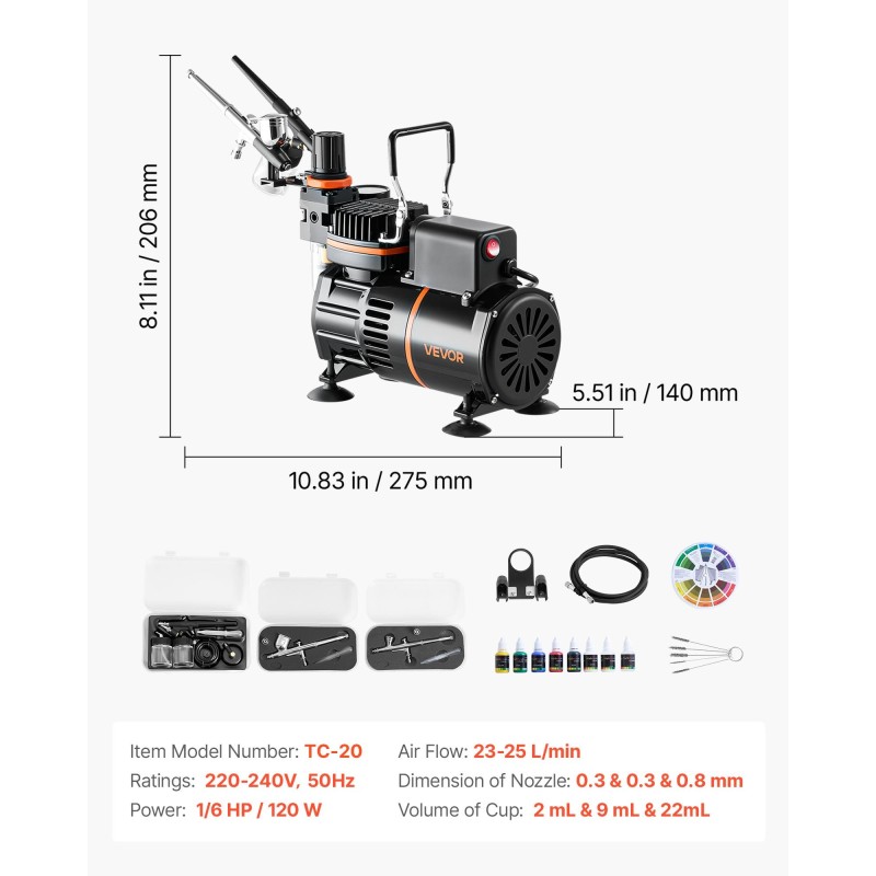 Airbrushsetti kompressorilla 3 kaksitoimista airbrushia 0,3 0,3 0,8 mm akryylivärit