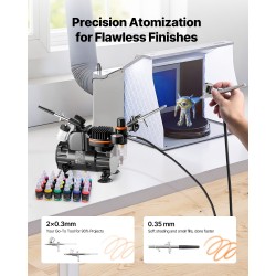 Kynäruiskusetti kompressorilla hiljaisella käyntiäänellä kolmella kaksitoimisella ruiskulla akryyliväreillä