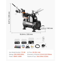 Kynäruiskusetti kompressorilla hiljaisella käyntiäänellä kolmella kaksitoimisella ruiskulla akryyliväreillä