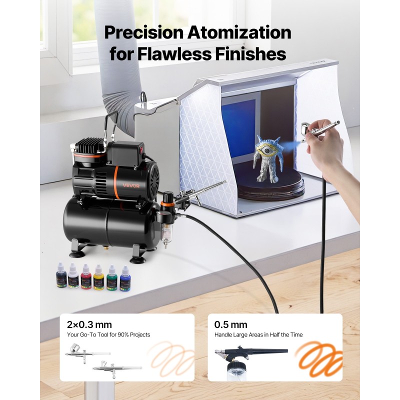 Ilmaruiskupaketti 1/6 hv kompressorilla ja säiliöllä 3 kaksoistoimista kynää akryylimaaleilla