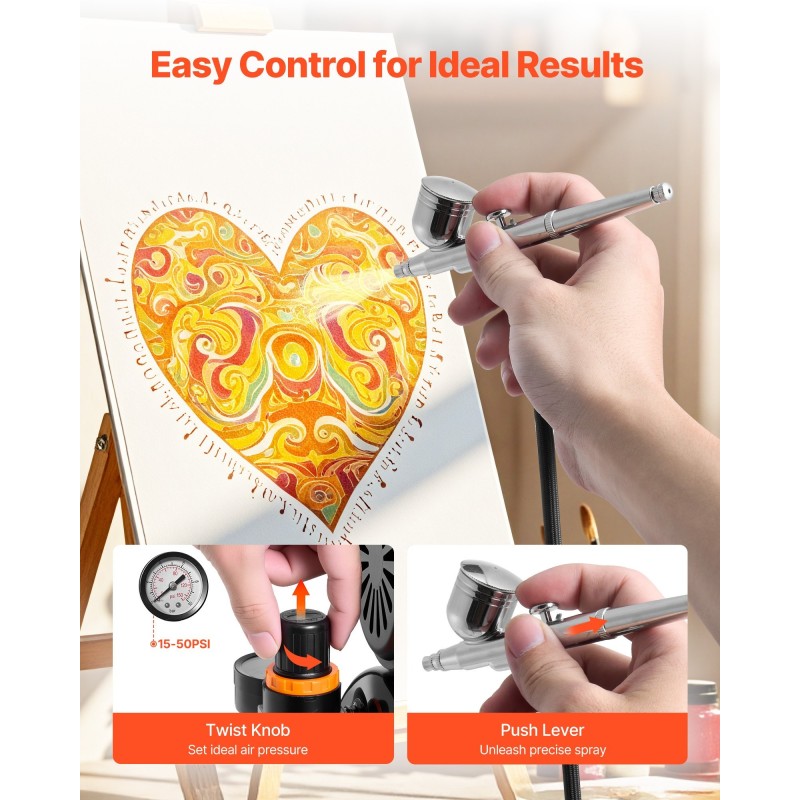 Ilmaruiskupaketti 1/6 hv kompressorilla ja säiliöllä 3 kaksoistoimista kynää akryylimaaleilla