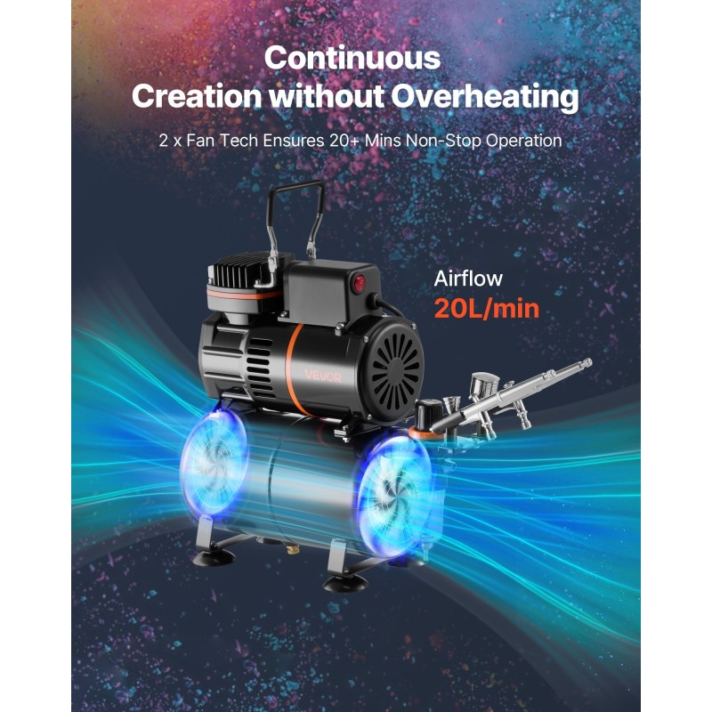 Ilmaruiskupaketti 1/6 hv kompressorilla ja säiliöllä 3 kaksoistoimista kynää akryylimaaleilla