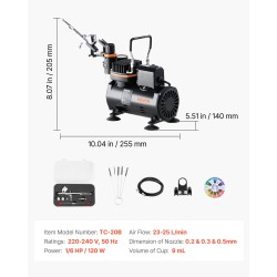 Airbrush-setti hiljainen kompressori kaksoistoiminen pistooli 3 suutinta 0.2 0.3 0.5 mm