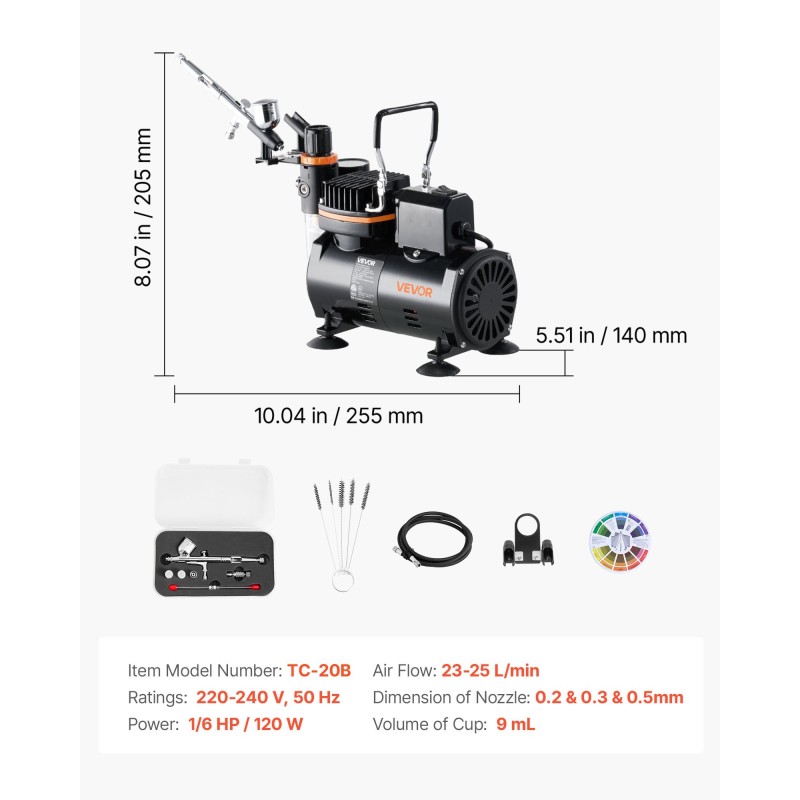 Airbrush-setti hiljainen kompressori kaksoistoiminen pistooli 3 suutinta 0.2 0.3 0.5 mm