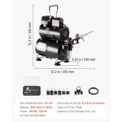 Airbrush-maaliruiskusarja kompressori 3 L säiliö kaksoistoiminen ruisku 3 suutinta akryylivärit hiljainen