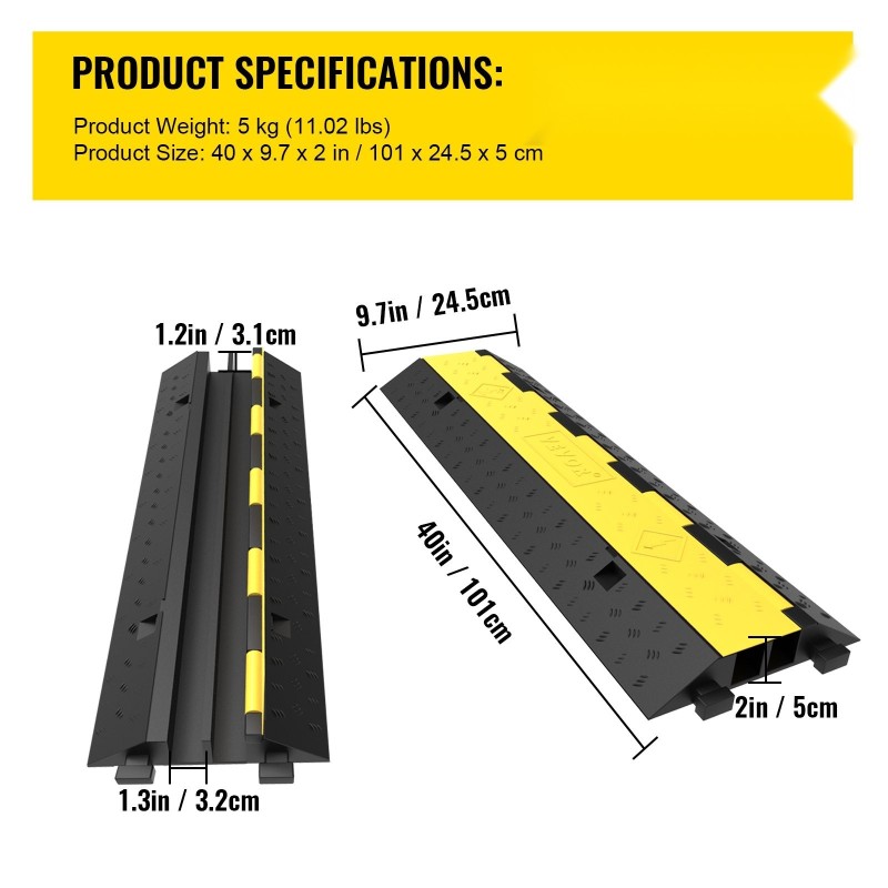 Kuminen kaapelisuoja-ramppi 5-osainen 101x24,5x5cm 2 kanavaa musta-keltainen