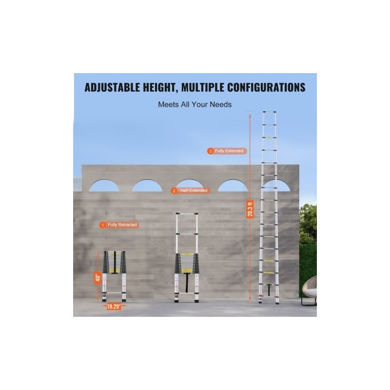 Teleskooppitikas alumiiniseoksesta 16 askelmaa 6,19 m 170 kg kantavuus liukumattomilla jalkatyynyillä