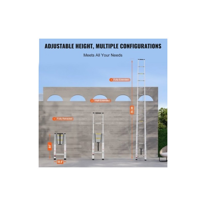 Teleskooppitikas alumiiniseoksesta 6,2 m kokoontaittuva 15 askelmaa 190 kg kantavuus liukuestolliset jalat