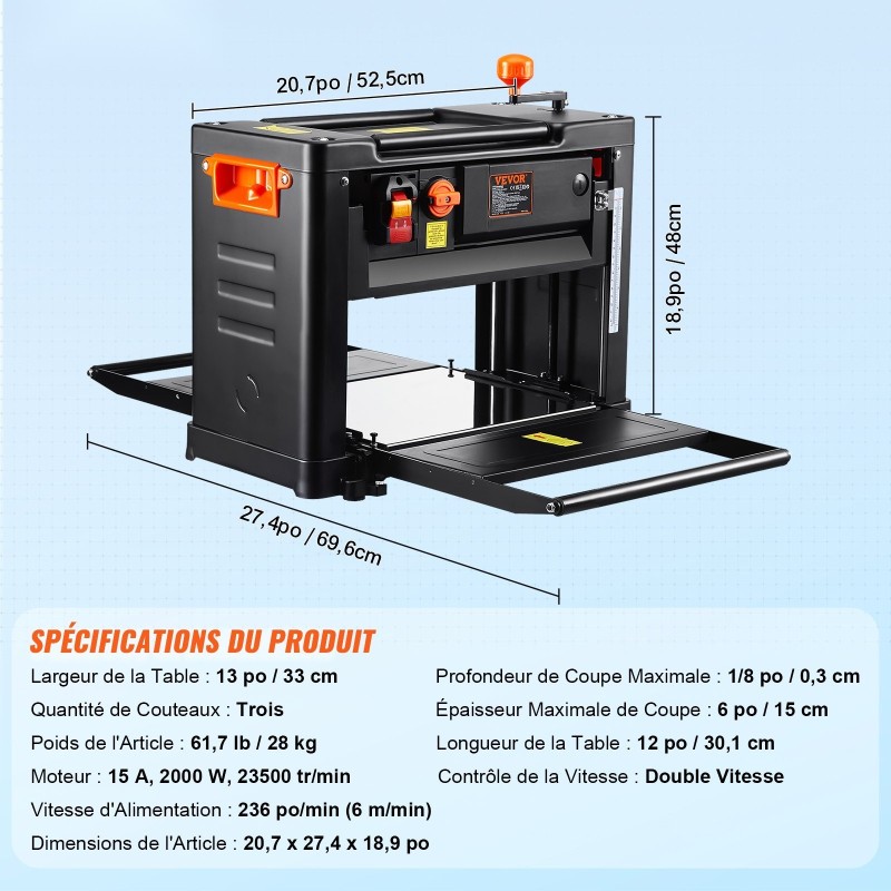 Pöytämallinen paksuushöylä 33 cm työpöytä 30,5 cm syöttöpöytä 2000 watin kolmiteräinen kaksinopeuksinen
