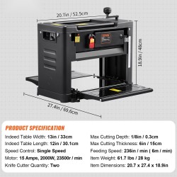 Penkkitasohöylä 33 cm työleveys 1800 watin moottori kaksiteräinen yksinopeus jatketulla sisäänsyöttöpöydällä