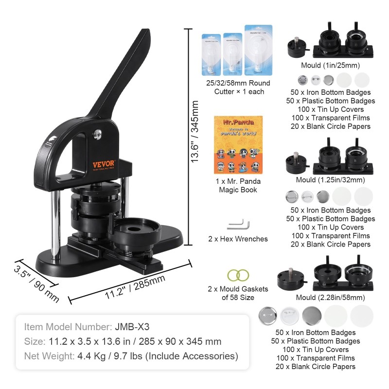 Rintanappikone muovi käyttövalmis 25/32/58 mm muotit 300 kpl nappiosia
