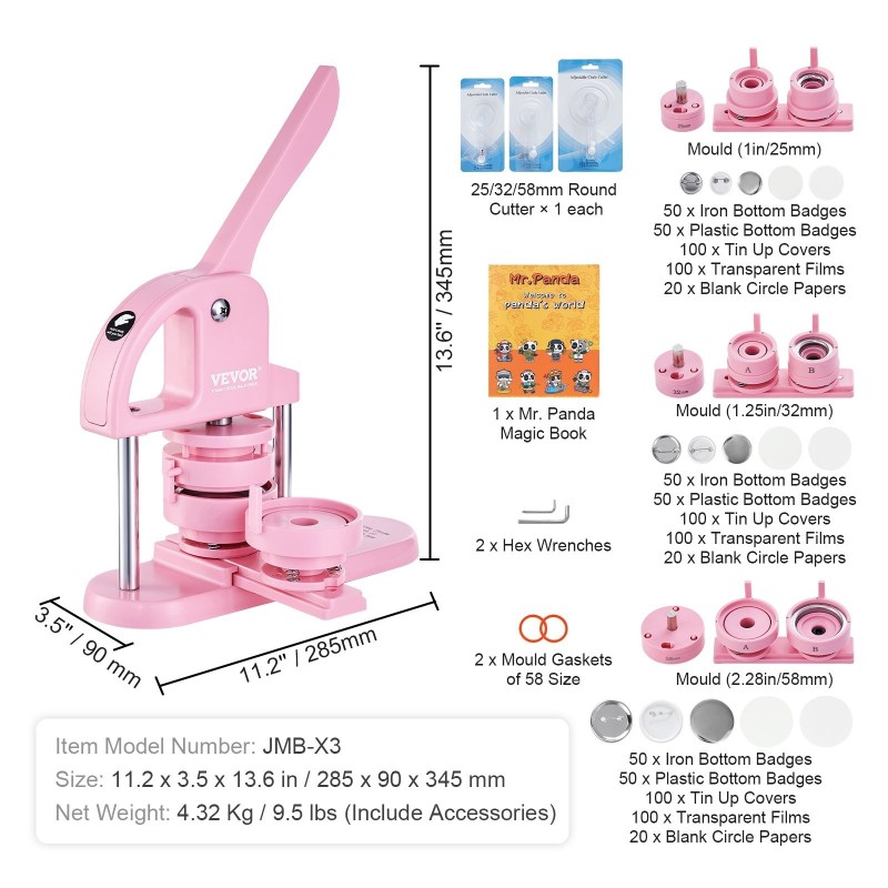 Pinssikone muovinen ergonominen kahva muotit 25/32/58 mm 300 kpl osia vaaleanpunainen