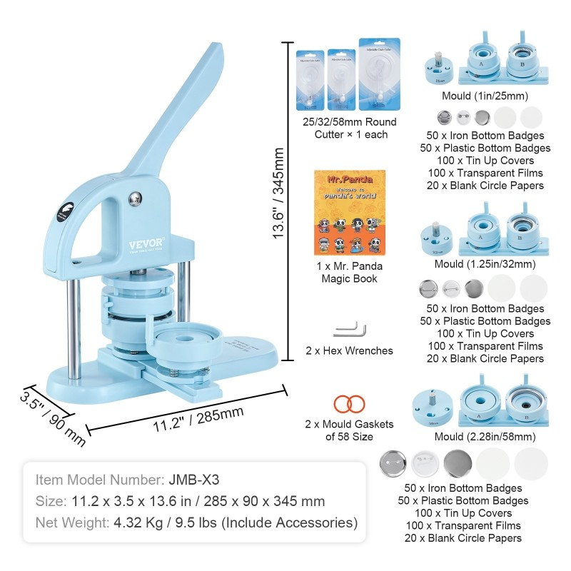 Rintanappikone muovinen 25/32/58 mm muotit 300 osaa sininen lapsille ergonomisella kahvalla