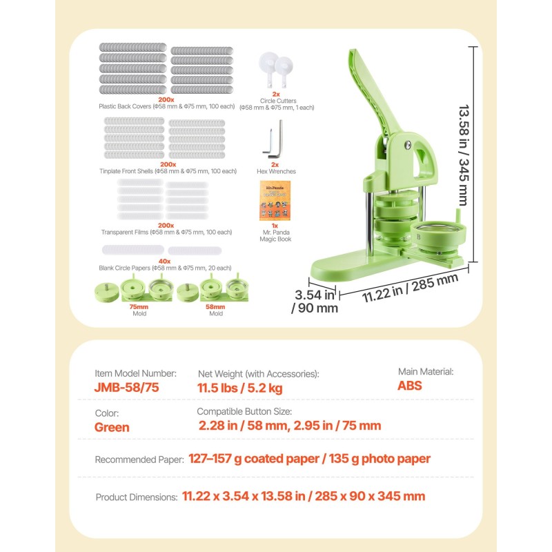 Nappikone muovinen 58 ja 75 mm vihreä 200 kpl nappiosilla