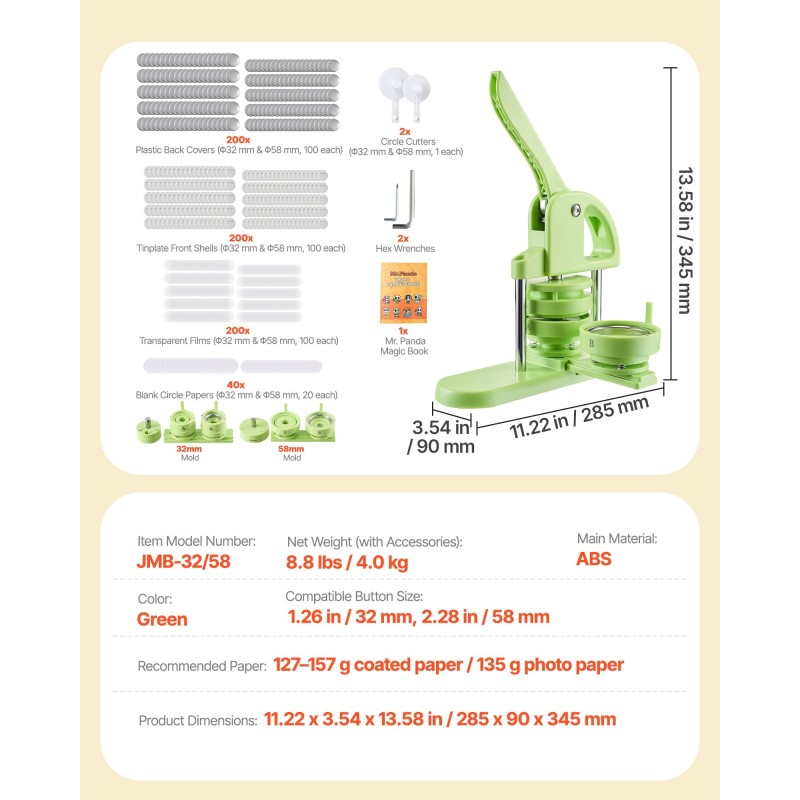 Nappikone ABS-muovi 32 mm ja 58 mm 200 kpl osia vihreä