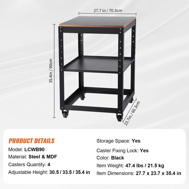 Höyläteline teräsrunko MDF-työtaso 45 kg kantavuus 4 lukittavaa pyörää