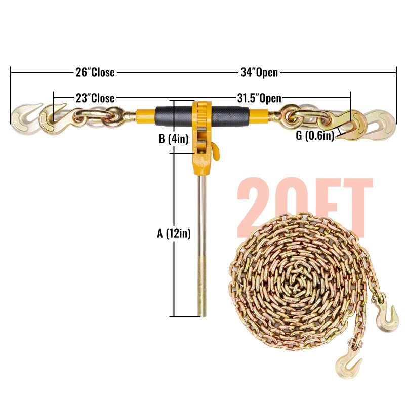 Räikkäketjunkiristin 3/8–1/2 tuuman G80-valuteräsketjulla irrotettavalla kahvalla suurin kuorma 5443 kg
