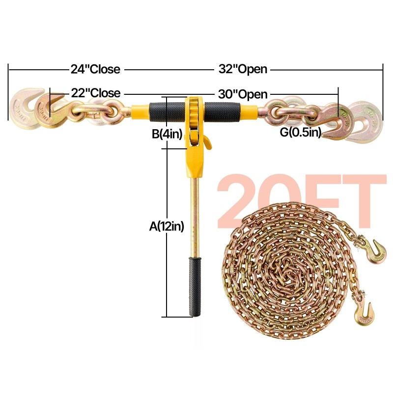 Räikkäkiristin valuteräs G80 ketjuille 0,8–0,9 cm irrotettavalla kahvalla 3220 kg