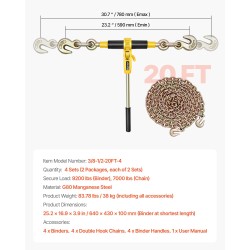 Räikkäketjunkiristin ja G80-mangaaniteräsketjut 10 mm 6,1 m työkuorma 4173 kg 4 settiä