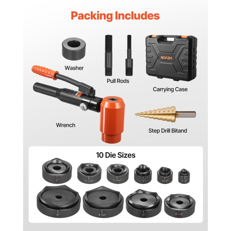 Hydraulinen lävistinsarja 10 teräsarjaa reikäkoot 12,7–101,6 mm 147,1 kN 25 mm isku