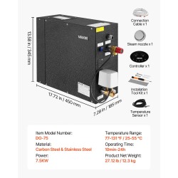 Höyrygeneraattori 7,5 kW musta ruostumaton teräs sisäsäiliö sopii 5–7,5 m³